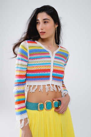 Q2 Cropped Crochet Cardigan In Multicolor Stripe