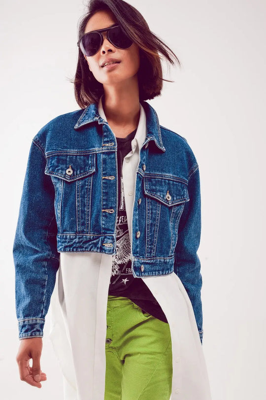 Cropped denim jacket in mid blue - Coats and Jackets
