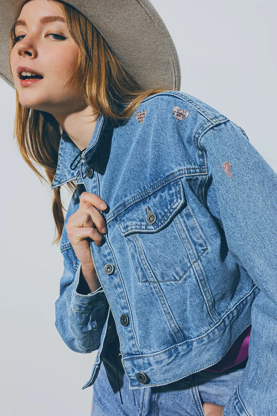 Cropped Denim Jacket With Embellished Hearts in Mid Wash - Coats and Jackets