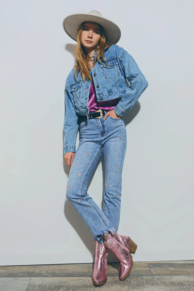 Cropped Denim Jacket With Embellished Hearts in Mid Wash - Coats and Jackets