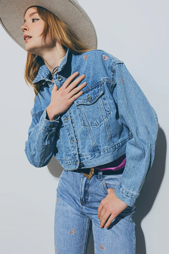 Cropped Denim Jacket With Embellished Hearts in Mid Wash - Coats and Jackets