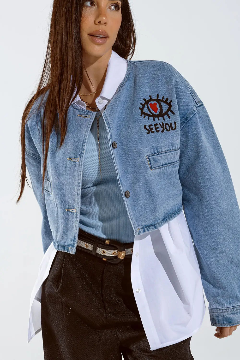 Cropped denim jacket with hand painted print at front and back - Coats and Jackets