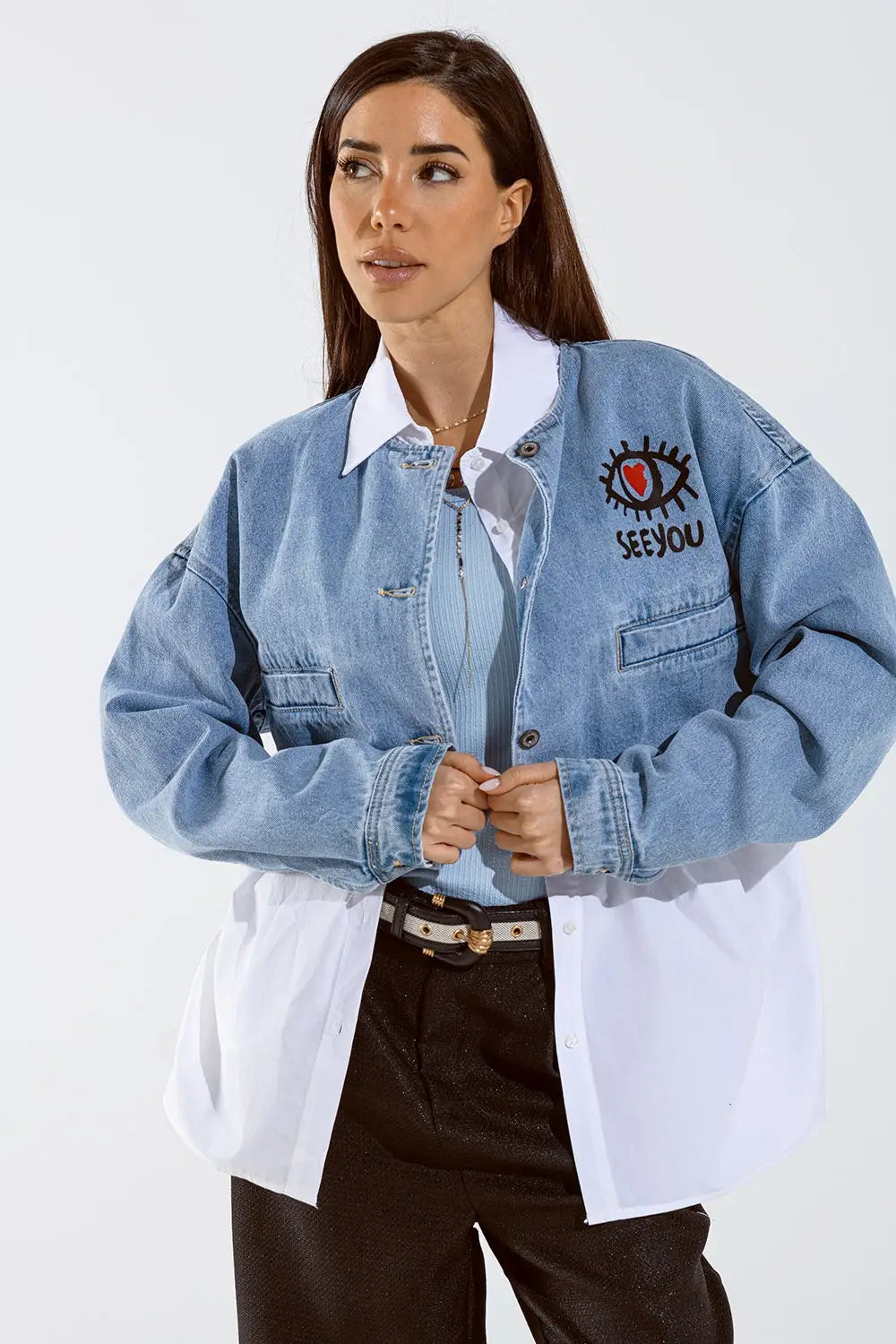 Cropped denim jacket with hand painted print at front and back - Coats and Jackets