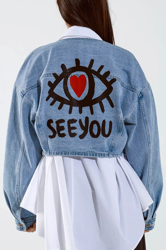 Cropped denim jacket with hand painted print at front and back - Coats and Jackets
