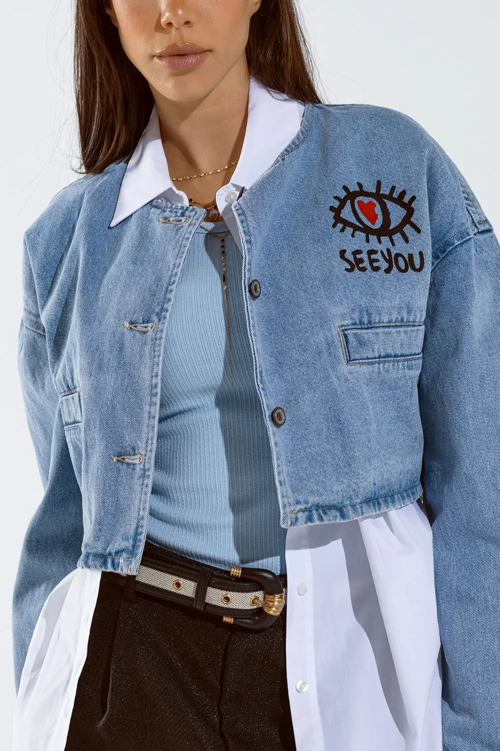 Cropped denim jacket with hand painted print at front and back - Coats and Jackets
