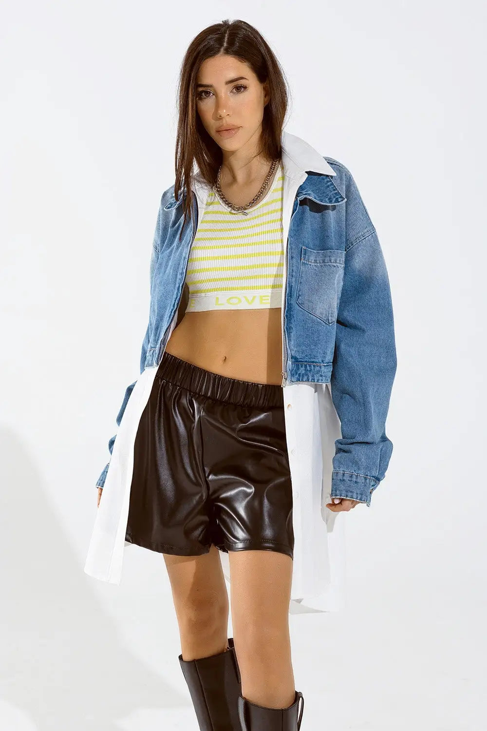 Cropped Denim Jacket with zipper closure and hand painted print at the back - Coats and Jackets