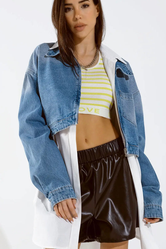 Cropped Denim Jacket with zipper closure and hand painted print at the back - Coats and Jackets
