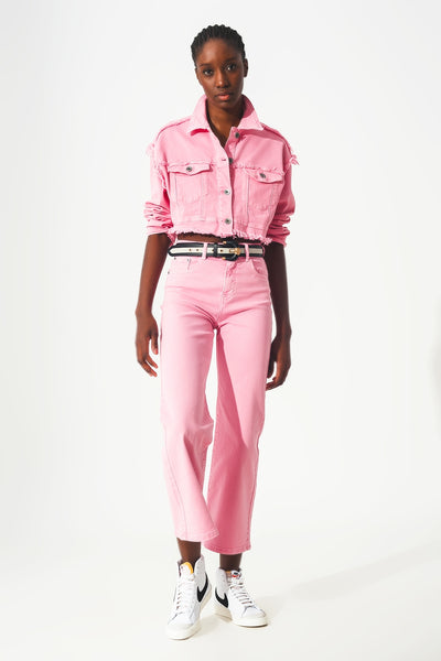 Cropped denim trucker jacket in pink