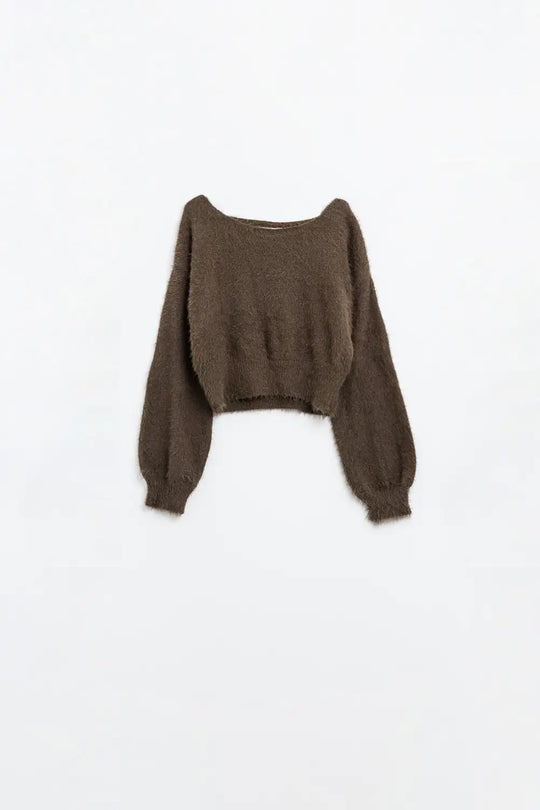 cropped fluffy sweater in brown fitted at the waist - One Size / Brown - Sweaters