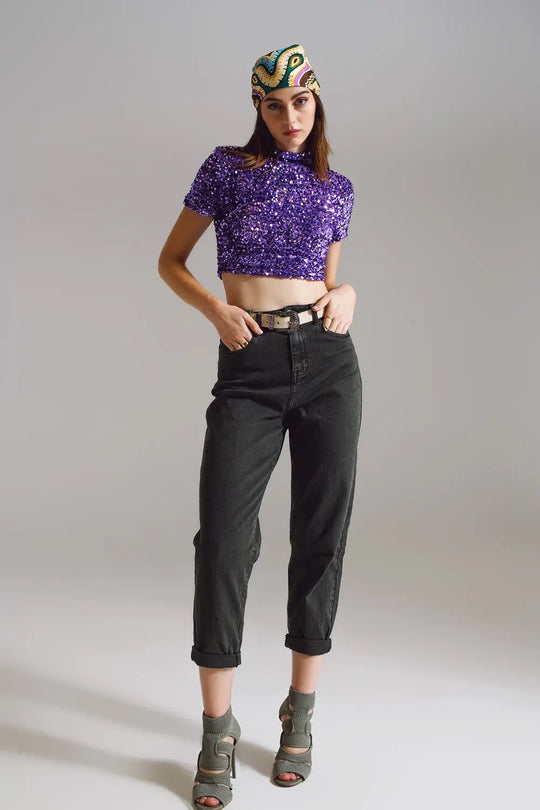 Cropped High Neck Top in Purple Sequin - Tops