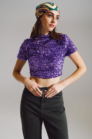 Q2 Cropped High Neck Top in Purple Sequin