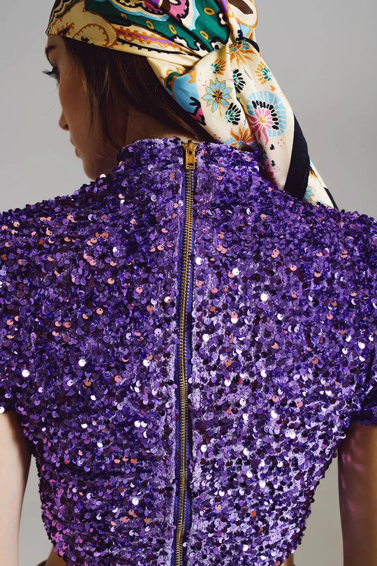 Cropped High Neck Top in Purple Sequin - Tops