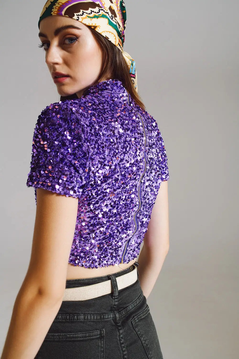 Cropped High Neck Top in Purple Sequin - Tops