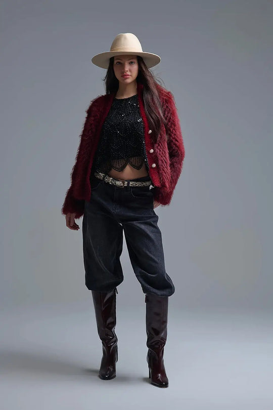 Cropped Jacket in burgundy in fine fur - Coats and Jackets