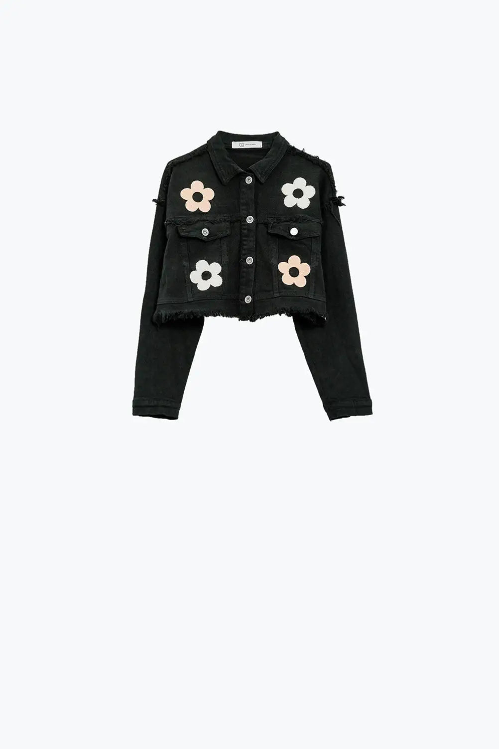Q2 Cropped Jacket With Chest Pockets and Flower Details in black