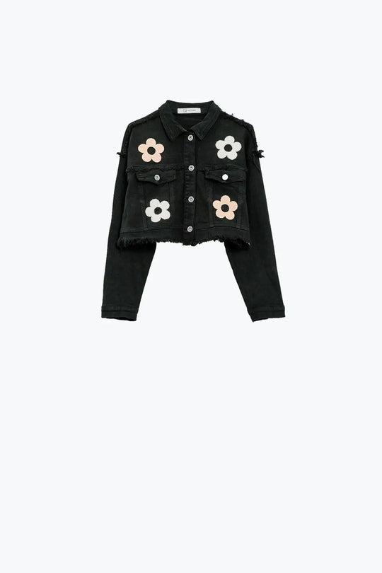 Q2 Cropped Jacket With Chest Pockets and Flower Details in black