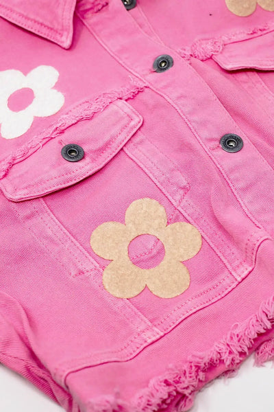 Cropped Jacket With Chest Pockets and Flower Details in Pink - Coats and Jackets