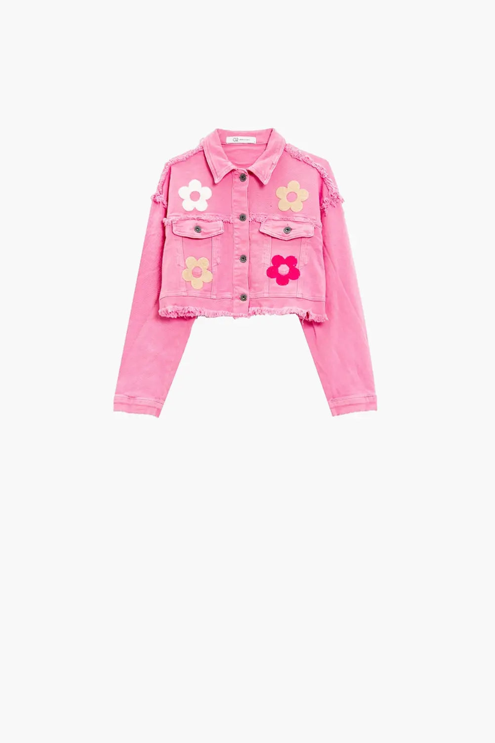 Cropped Jacket With Chest Pockets and Flower Details in Pink - Coats and Jackets