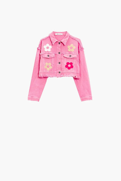 Cropped Jacket With Chest Pockets and Flower Details in Pink - Coats and Jackets