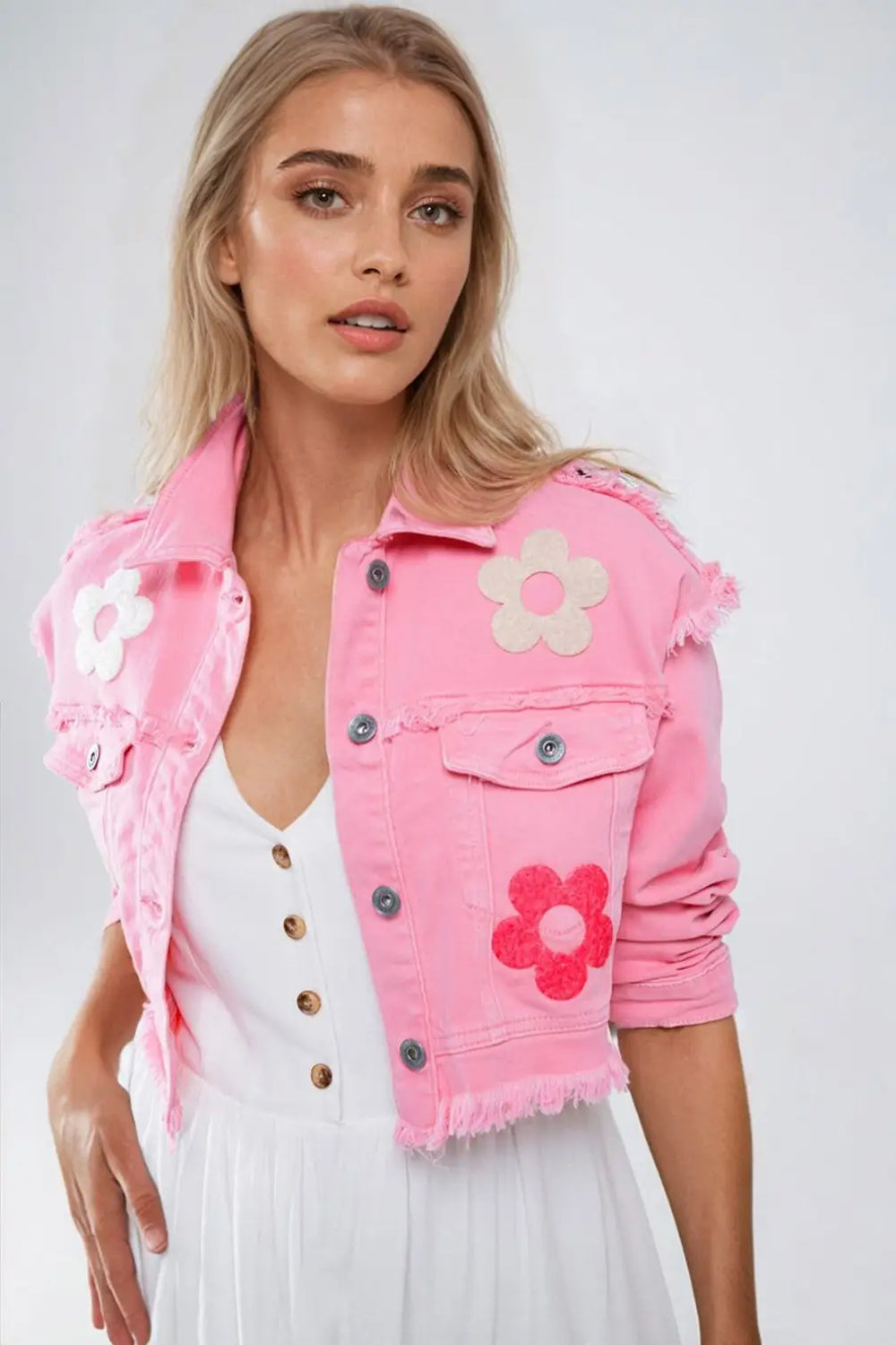Cropped Jacket With Chest Pockets and Flower Details in Pink - Coats and Jackets
