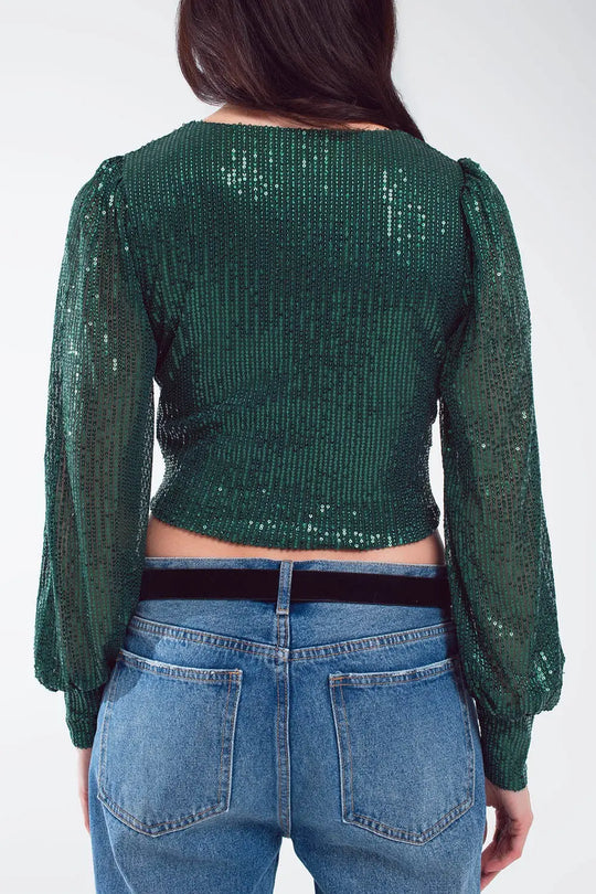 Cropped long Sleeve Sequin Top With V-neck and Rouched Design in Green - Tops