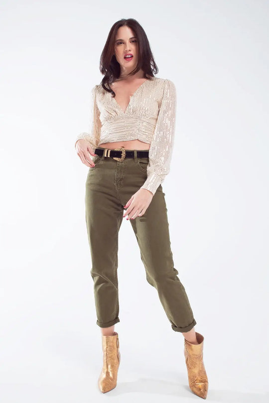 Cropped long Sleeve Sequin Top With V-neck and Rouched Design in Pearl White - Tops