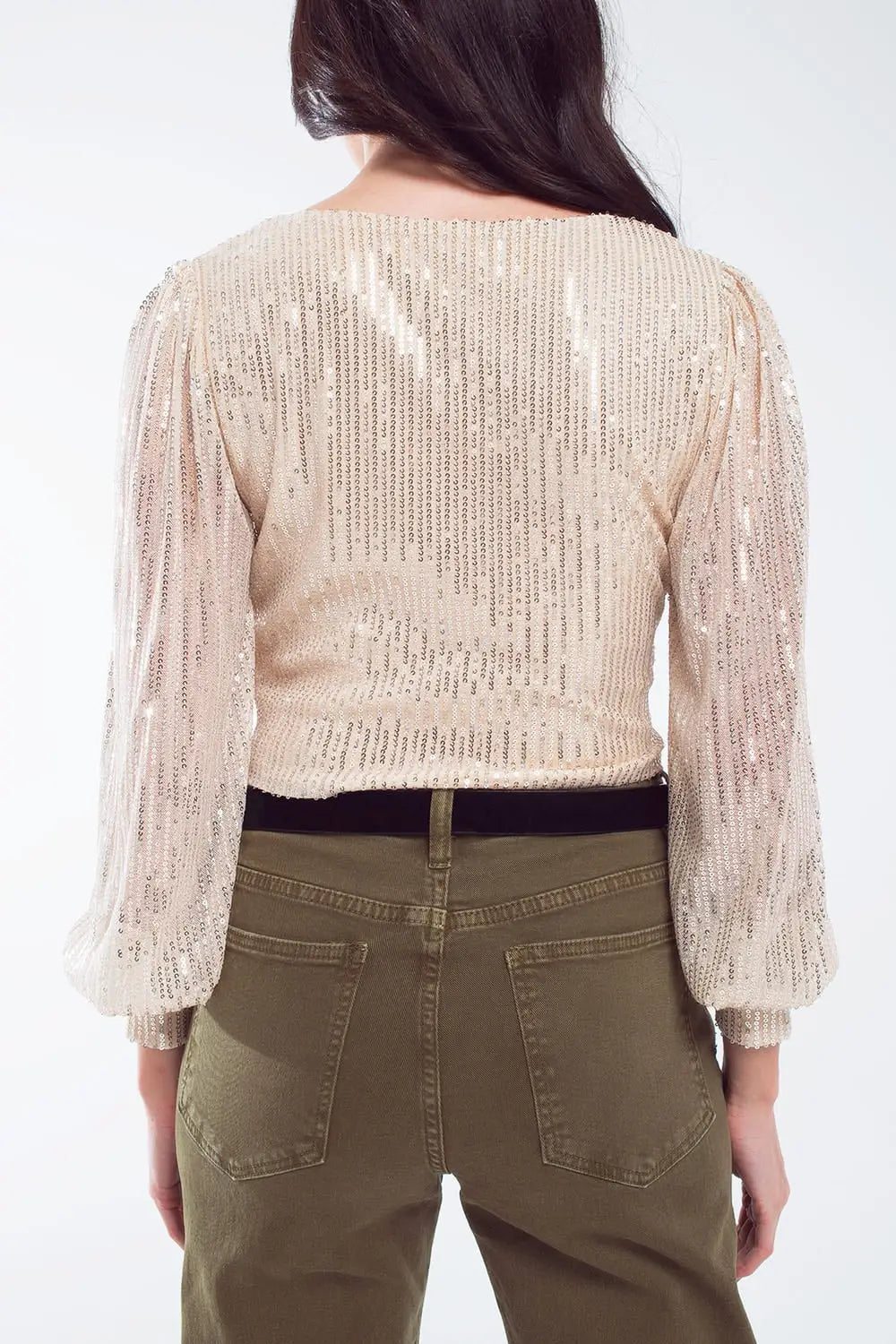 Cropped long Sleeve Sequin Top With V-neck and Rouched Design in Pearl White - Tops