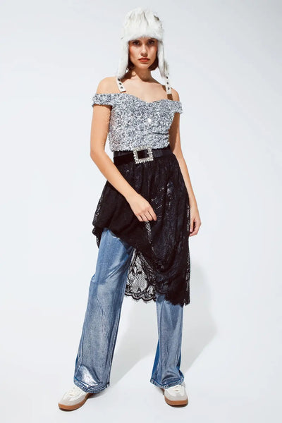 Cropped sequin glitter top in silver - Tops
