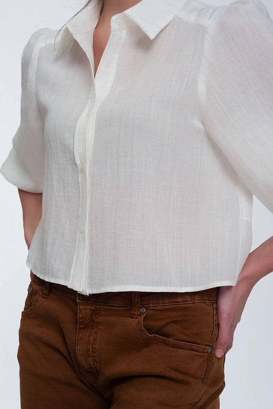 Cropped shirt with puff sleeve in cream - Shirts