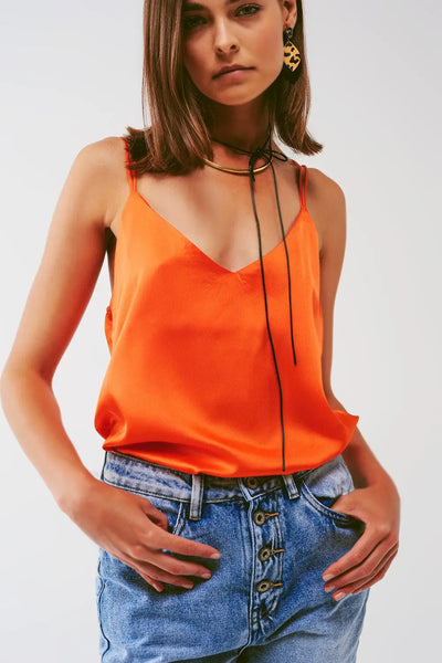 Cropped Shirt with Spaghetti Straps in Orange - Tops