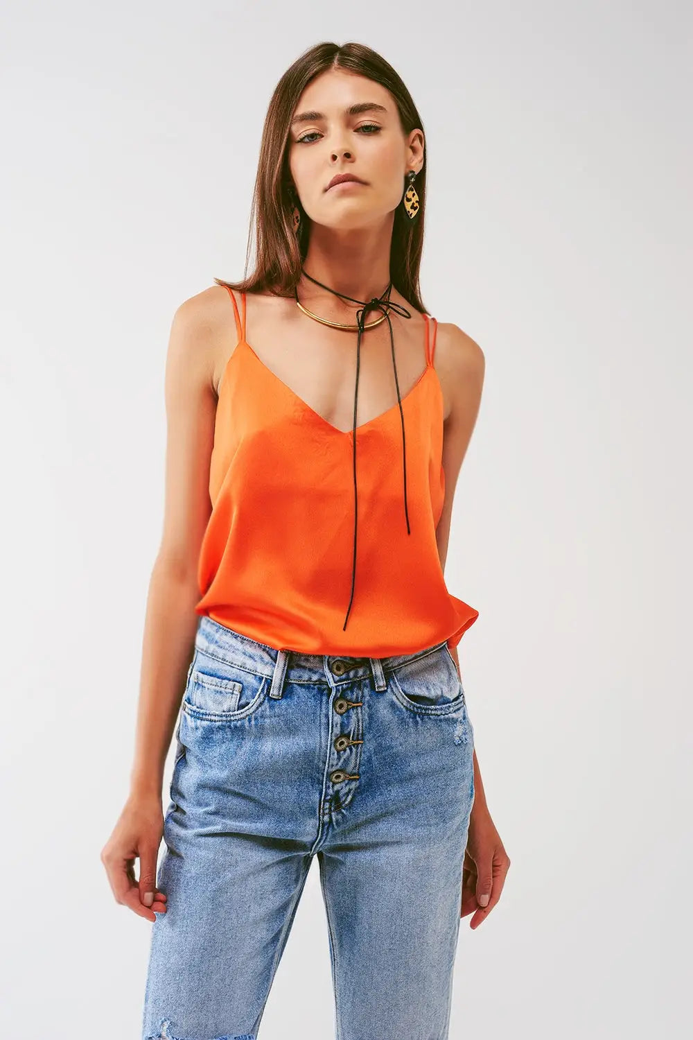 Cropped Shirt with Spaghetti Straps in Orange - Tops