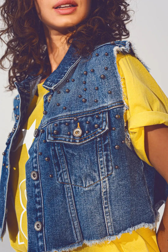 Cropped Studded Denim Vest in Blue - Coats and Jackets