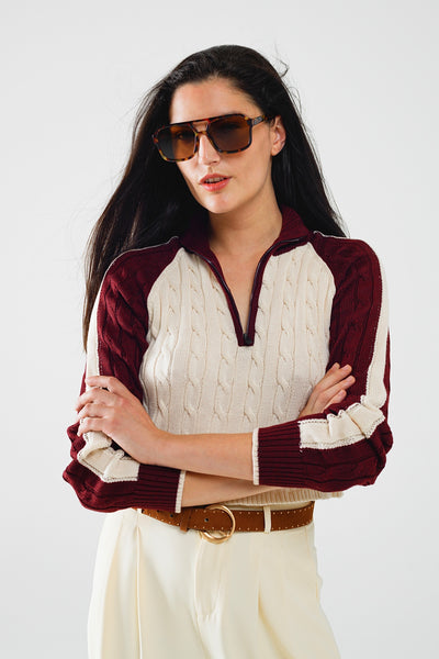 cropped white and burgundy sweater with neck zipper