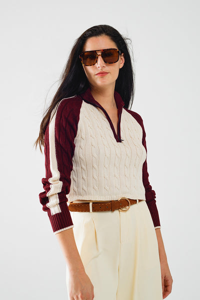 Q2 cropped white and burgundy sweater with neck zipper