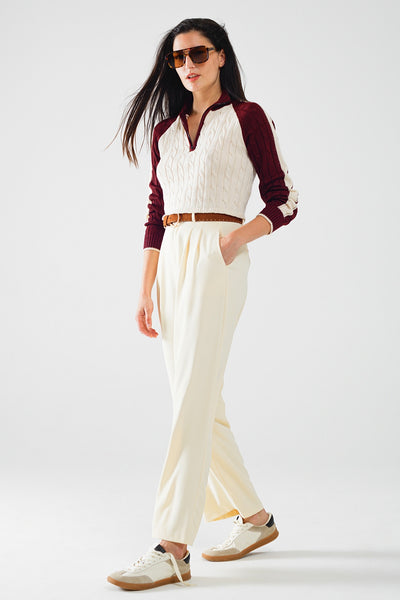 cropped white and burgundy sweater with neck zipper