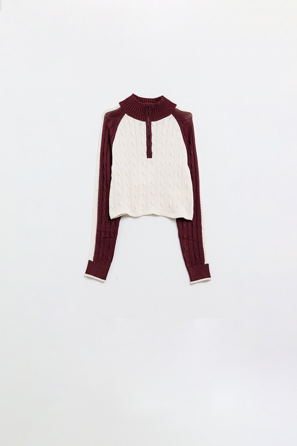 cropped white and burgundy sweater with neck zipper