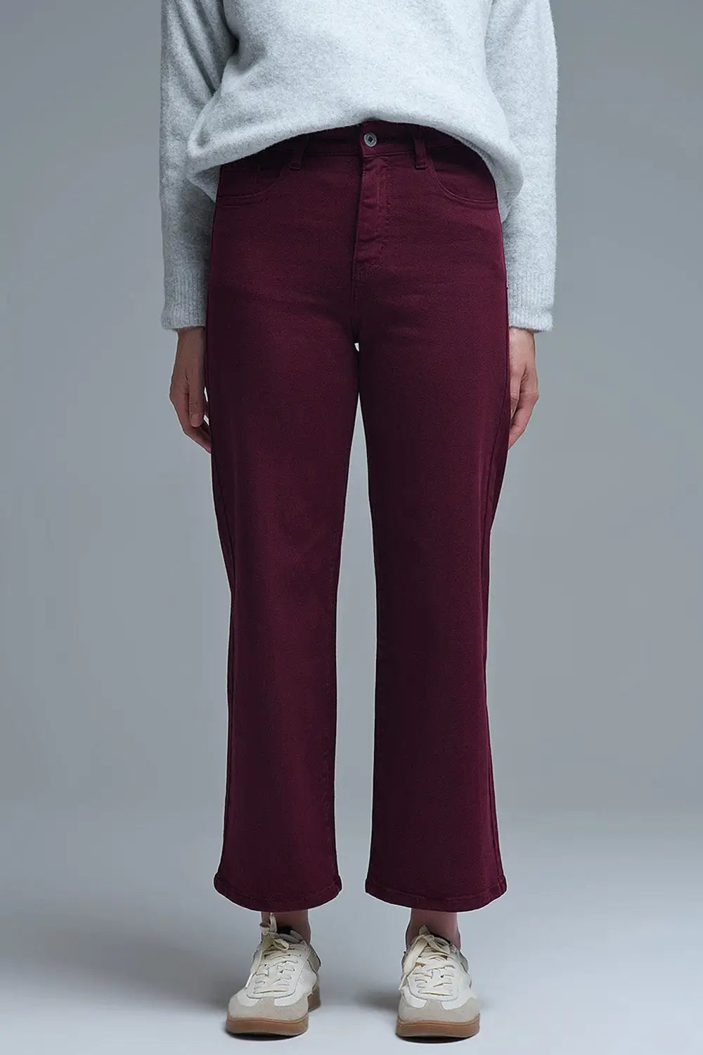 Q2 Cropped wide leg jeans in burgundy