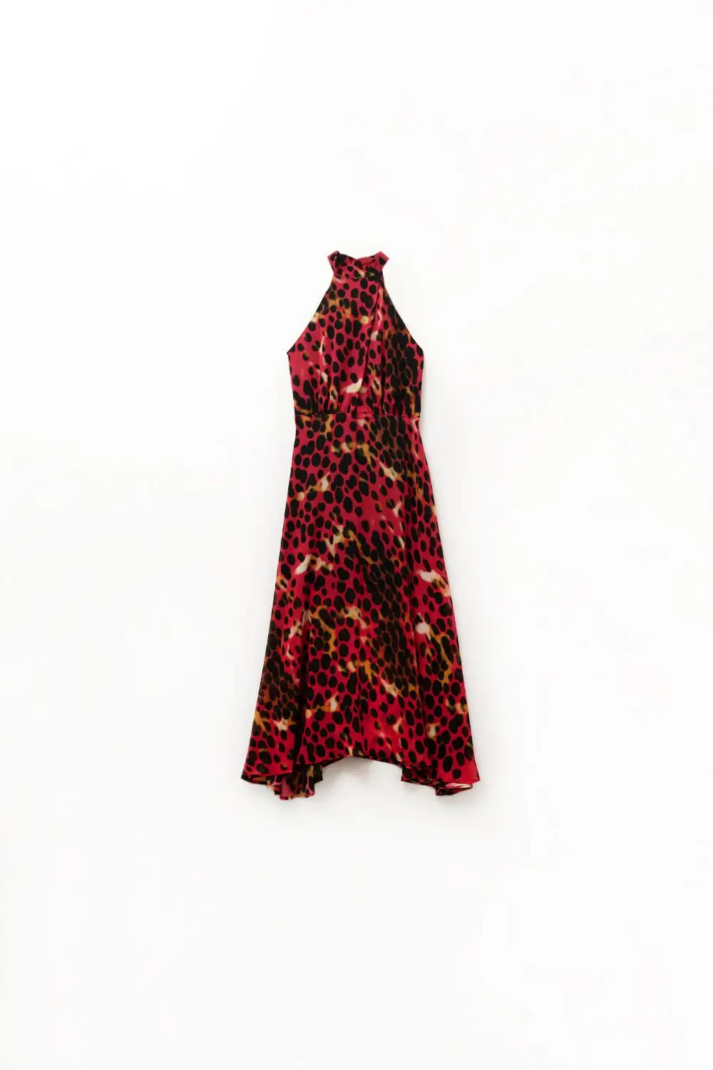 Q2 Crossed halter Neck long Dress in Red and Black Animal Print