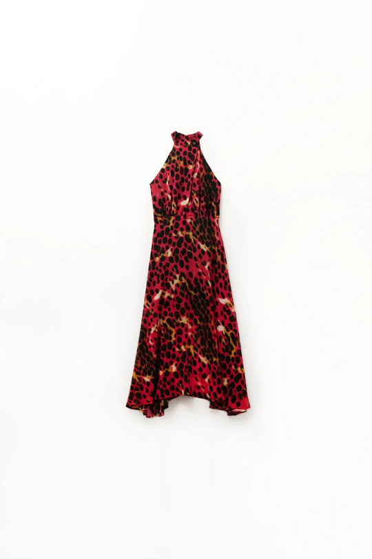 Q2 Crossed halter Neck long Dress in Red and Black Animal Print