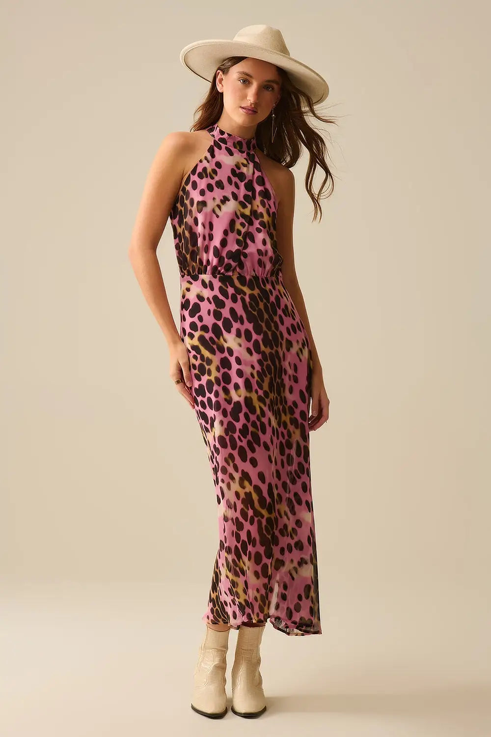 Q2 Crossed halter Neck Midi Dress in Pink and Black Animal Print