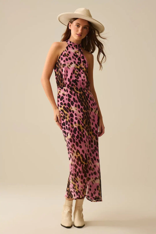 Q2 Crossed halter Neck Midi Dress in Pink and Black Animal Print