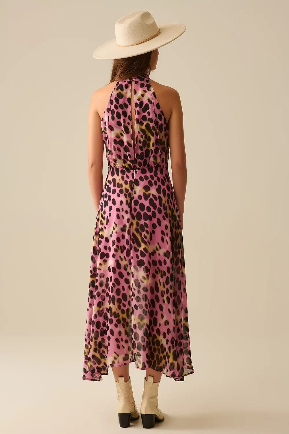 Crossed halter Neck Midi Dress in Pink and Black Animal Print - Dresses