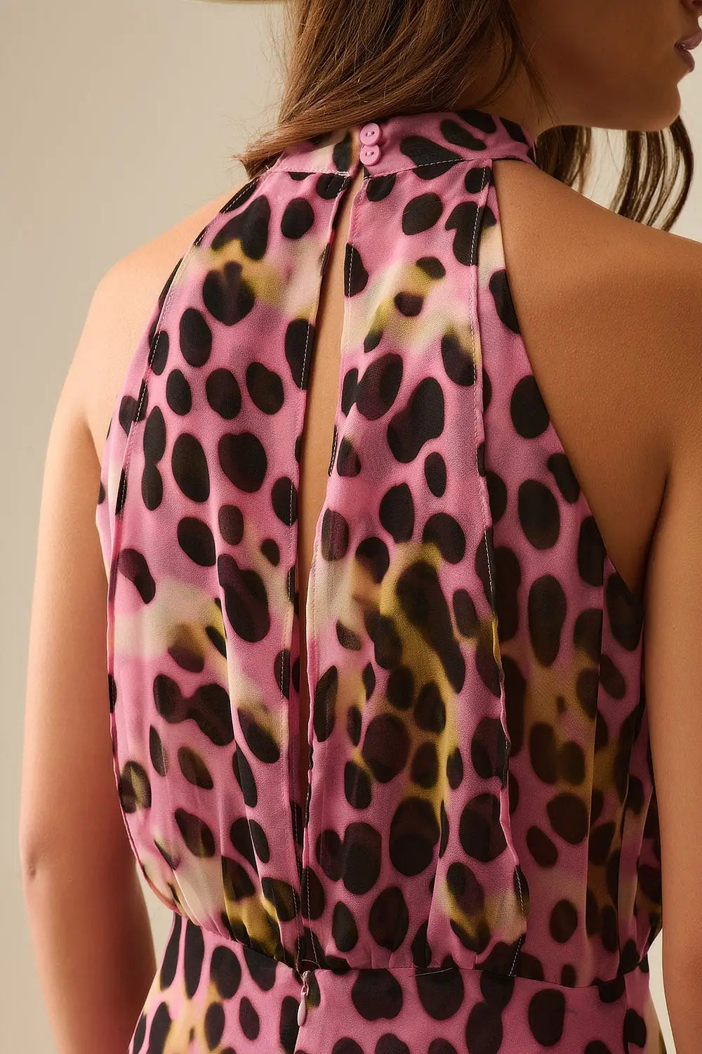Crossed halter Neck Midi Dress in Pink and Black Animal Print - Dresses
