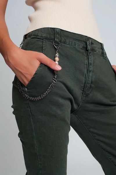 Cuffed utility pants with chain in khaki - Jeans