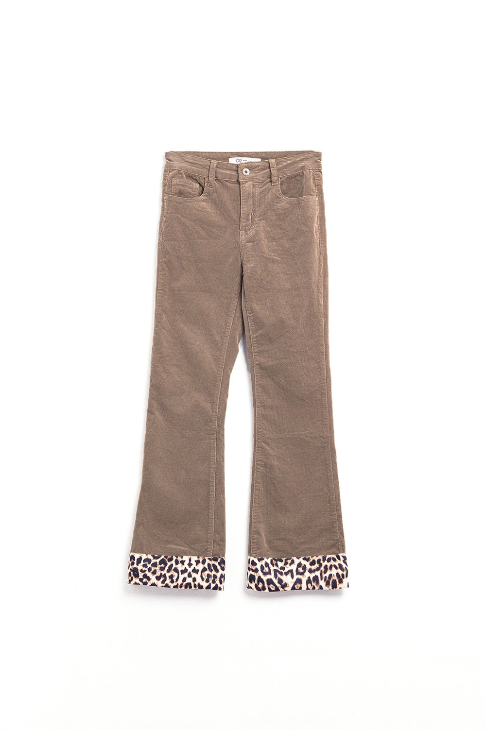 Q2 Dark Beige Corduroy flare pants with leopard print at the bottom