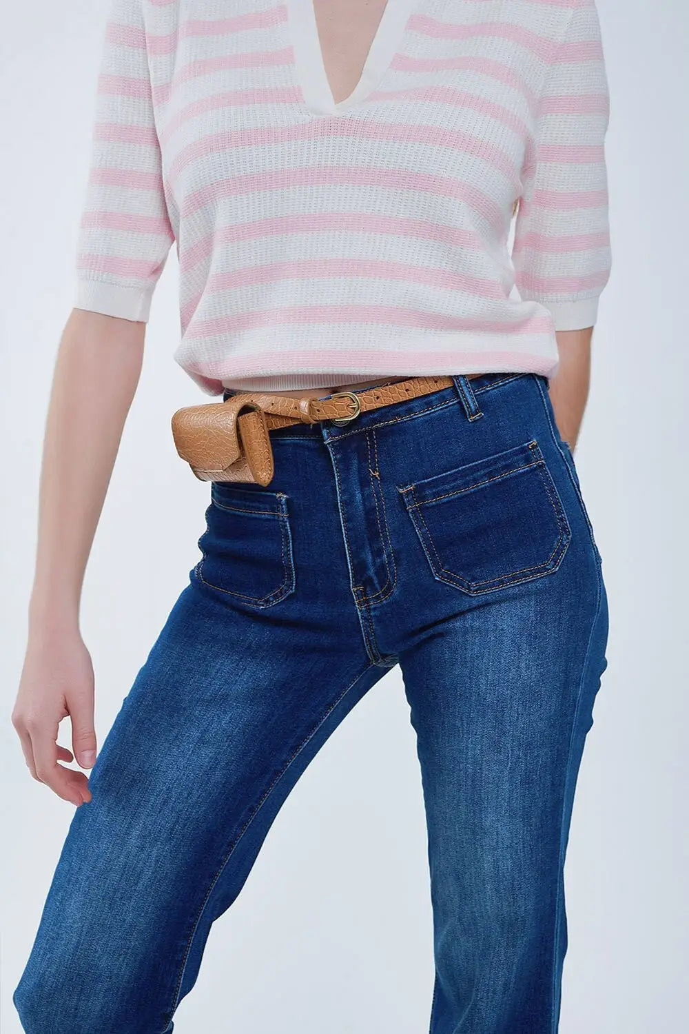 Dark Blue Flared Jeans with Front Pockets - Jeans