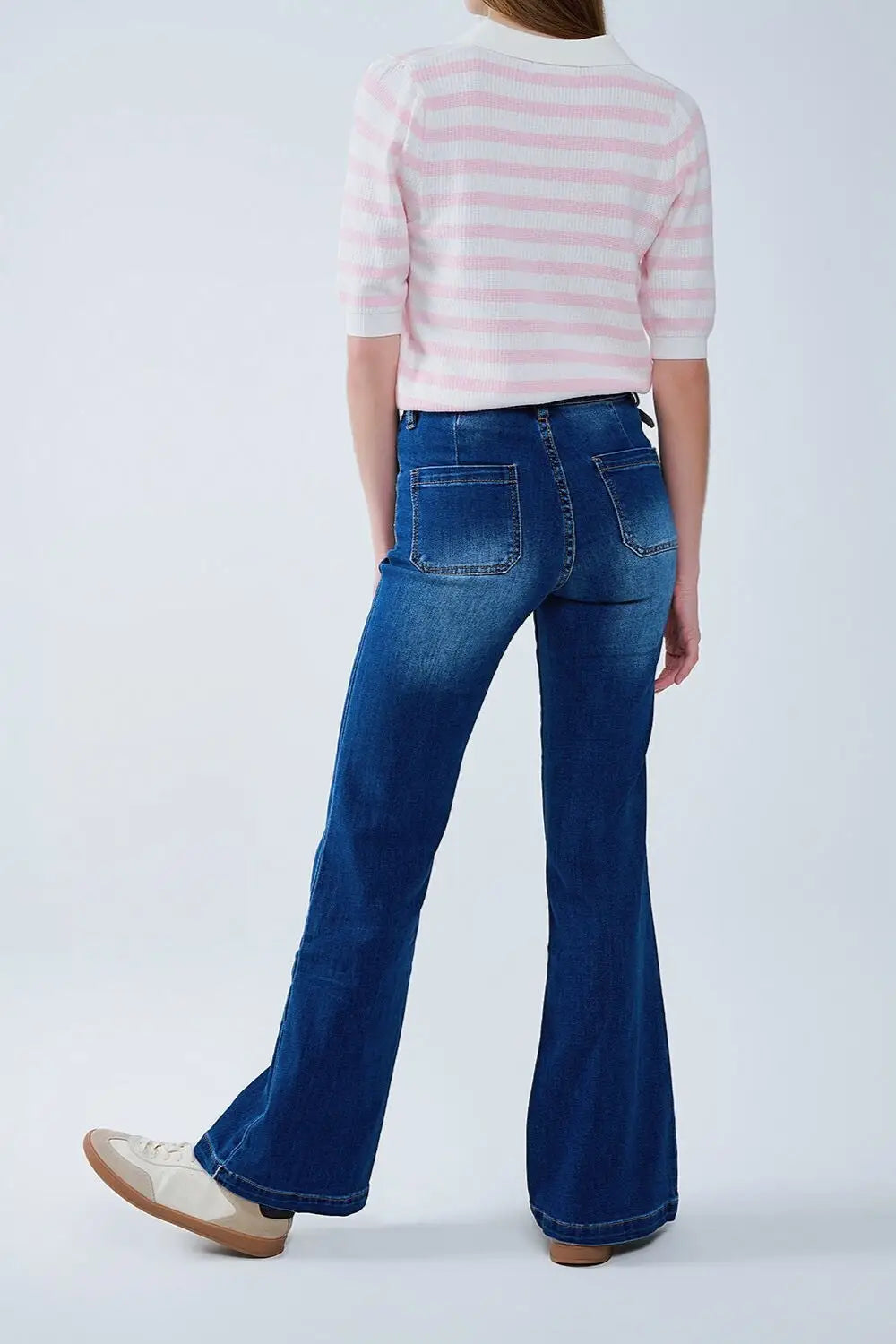 Dark Blue Flared Jeans with Front Pockets - Jeans