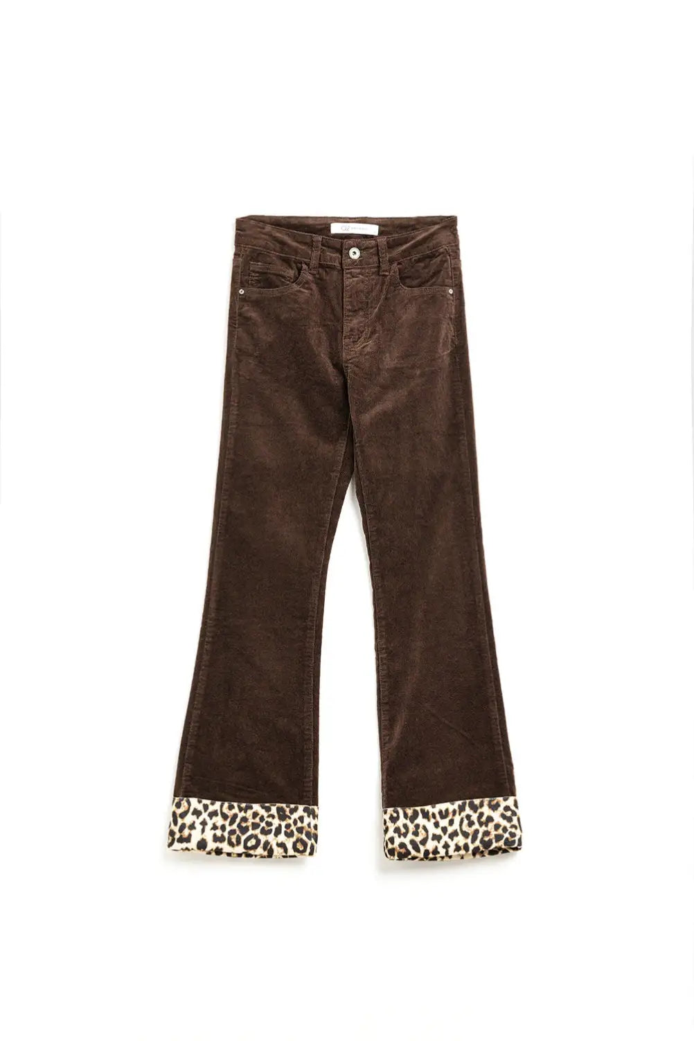 Q2 Dark Brown corduroy flare pants with leopard print at the bottom