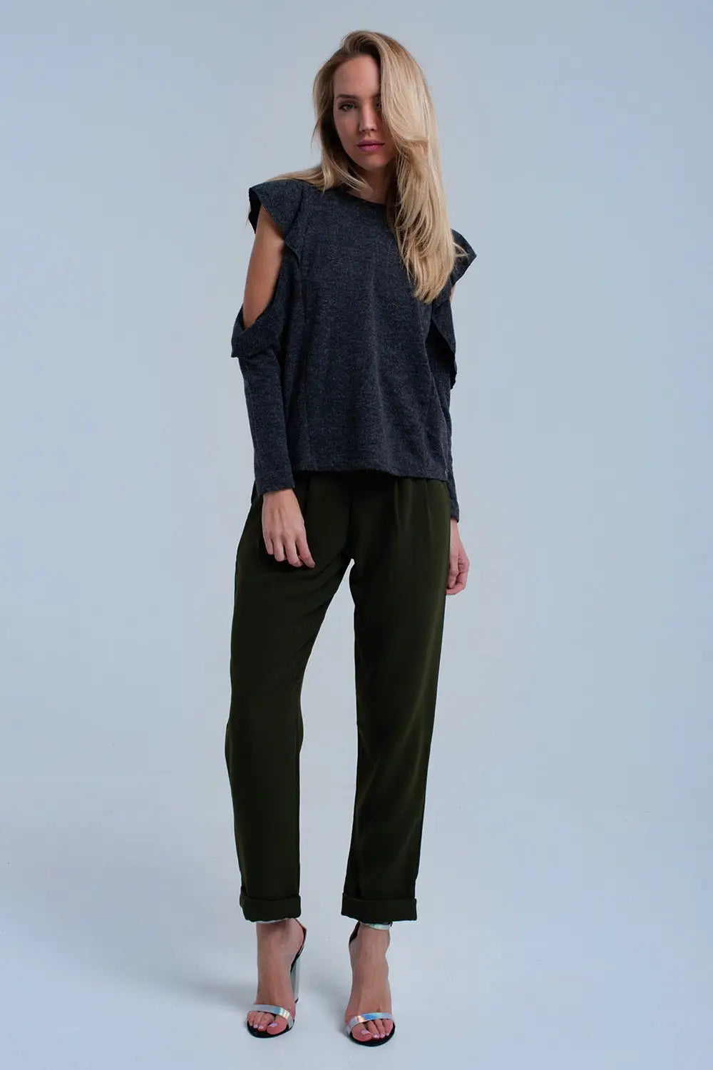 Dark gray top with ruffle and open detail - Shirts