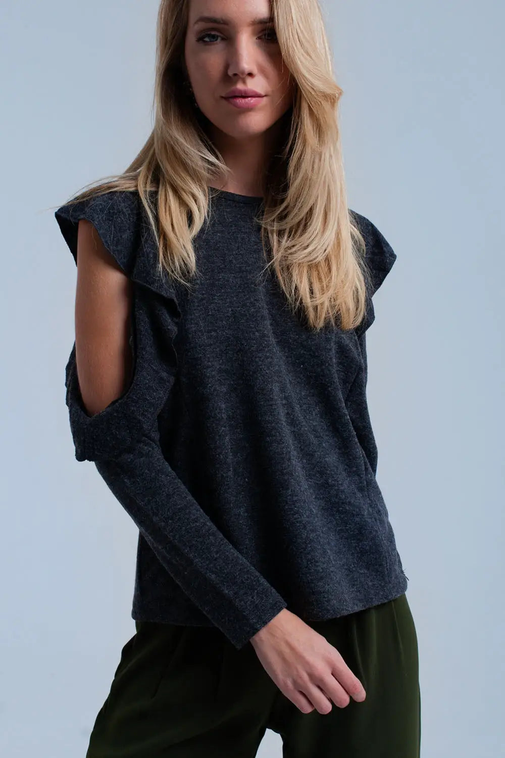 Dark gray top with ruffle and open detail - Shirts
